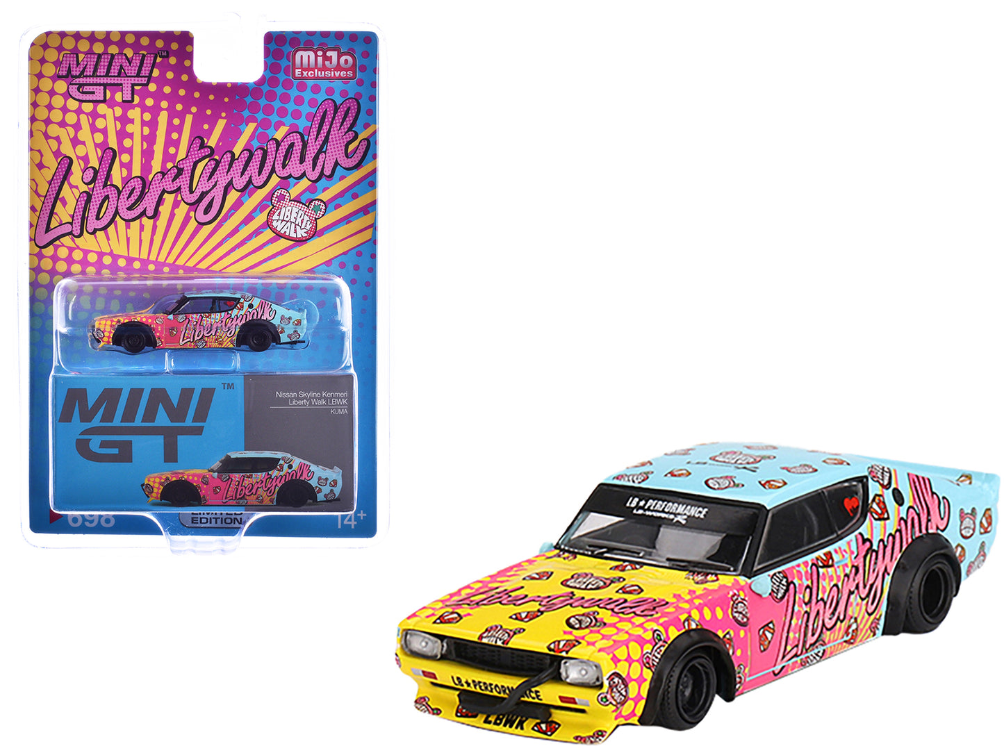 Nissan Skyline Kenmeri "Liberty Walk" RHD (Right Hand Drive) "KUMA" Light Blue and Yellow with Graphics Limited Edition 1/64 Diecast Model Car by Mini GT