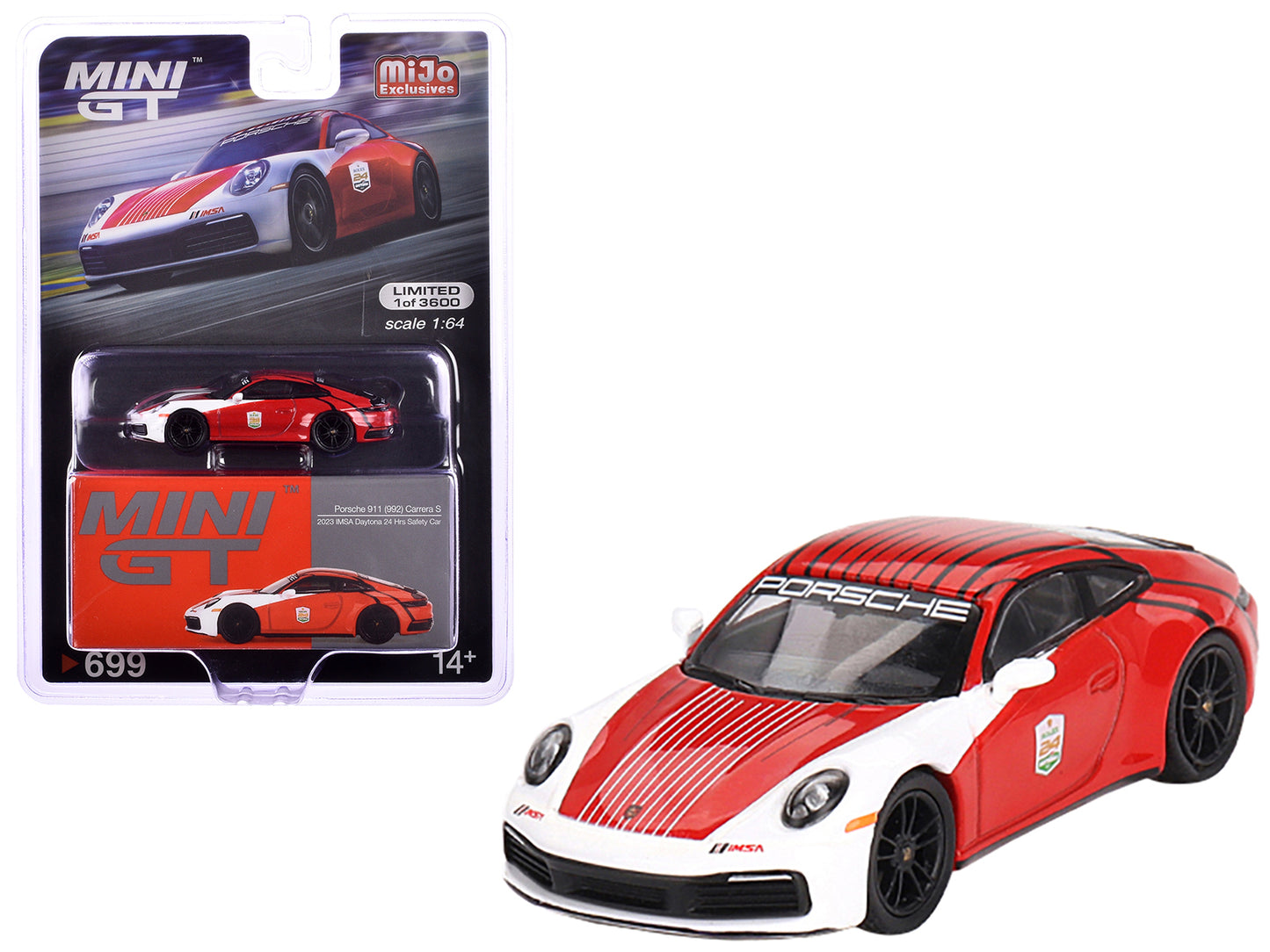 Porsche 911 (992) Carrera S "Safety Car 2023 IMSA Daytona 24 Hours" Red and White with Stripes Limited Edition to 3600 pieces Worldwide 1/64 Diecast Model Car by Mini GT