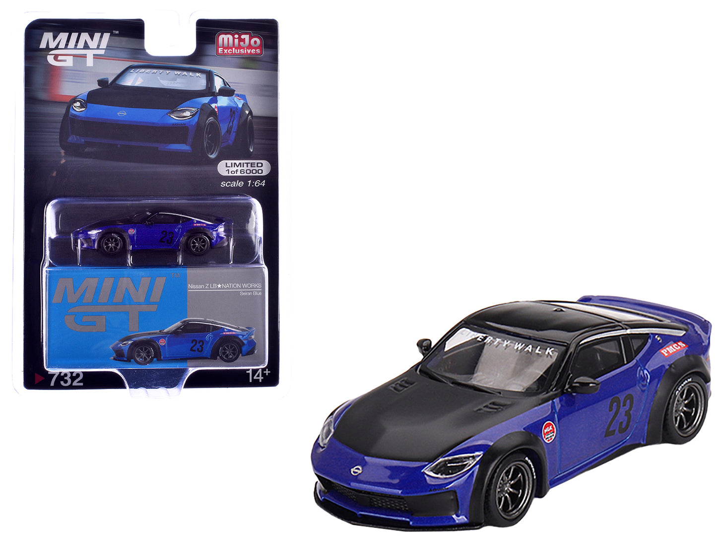 Nissan Z "LB Nation Works" #23 Seiran Blue Metallic with Black Hood and Top Limited Edition to 6000 pieces Worldwide 1/64 Diecast Model Car by Mini GT