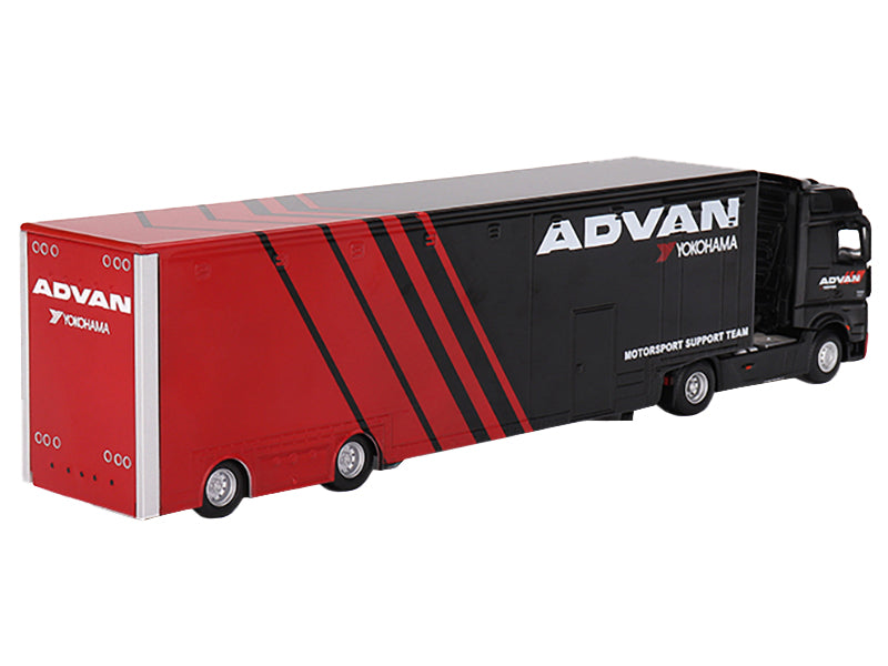 Mercedes-Benz Actros with Racing Transporter Red and Black "ADVAN" 1/64 Diecast Model Car by Mini GT