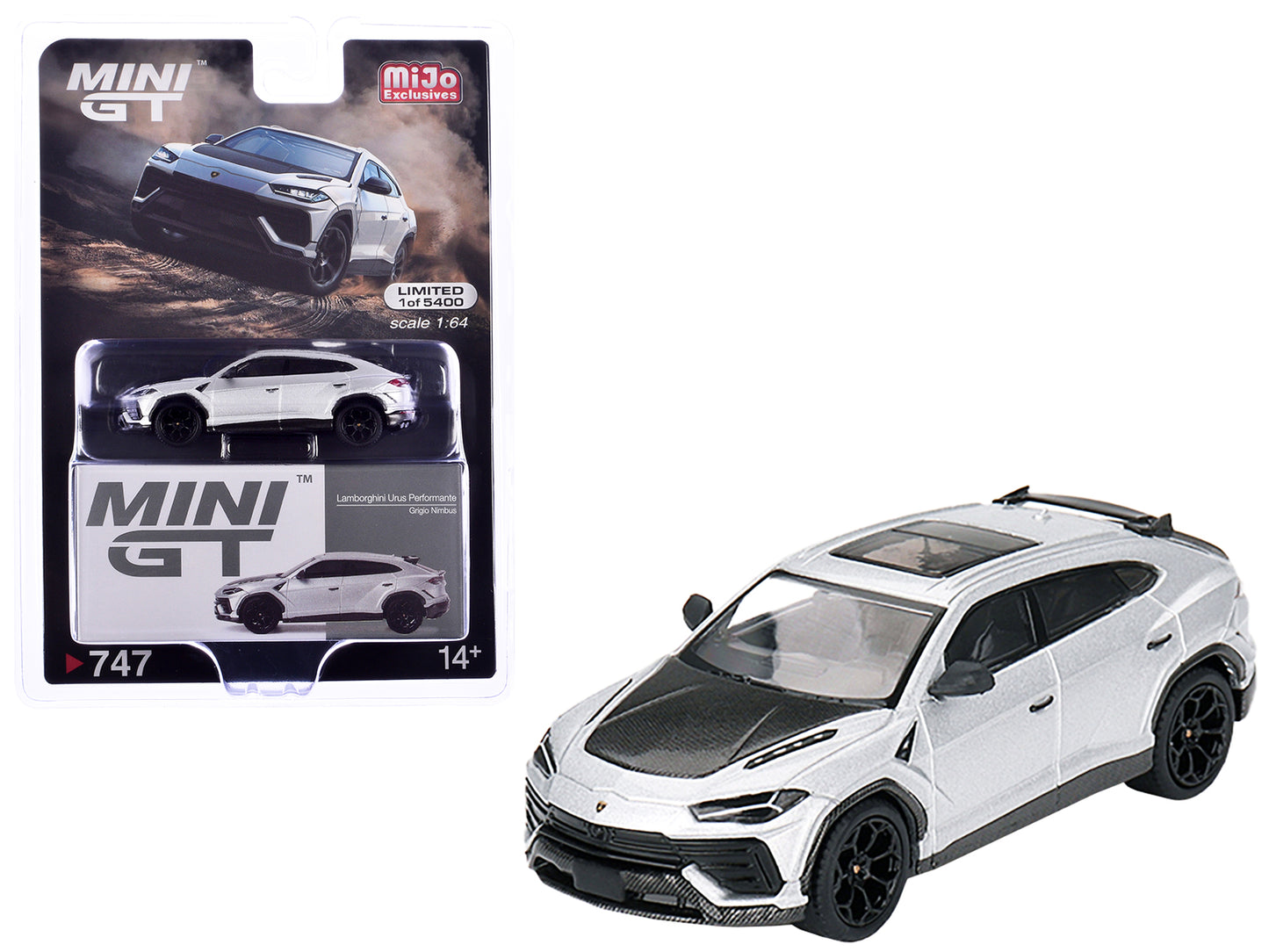 Lamborghini Urus Performante Grigio Nimbus Gray Metallic with Carbon Hood Limited Edition to 5400 pieces Worldwide 1/64 Diecast Model Car by Mini GT