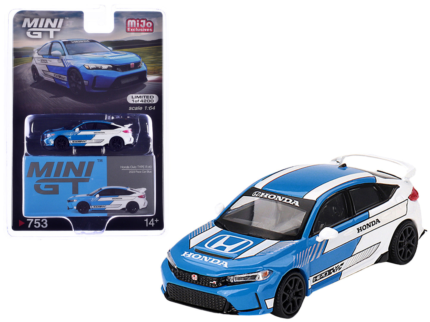 Honda Civic Type R #3 Blue and White "2023 Pace Car" Limited Edition to 4200 pieces Worldwide 1/64 Diecast Model Car by Mini GT