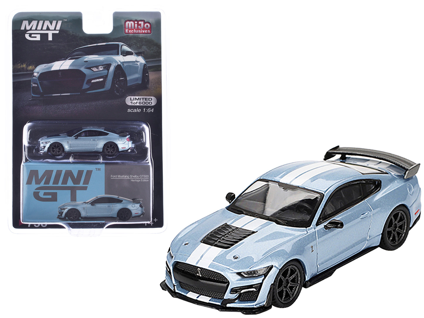 Ford Mustang Shelby GT500 "Heritage Edition" Light Blue Metallic with White Stripes Limited Edition to 6000 pieces Worldwide 1/64 Diecast Model Car by Mini GT