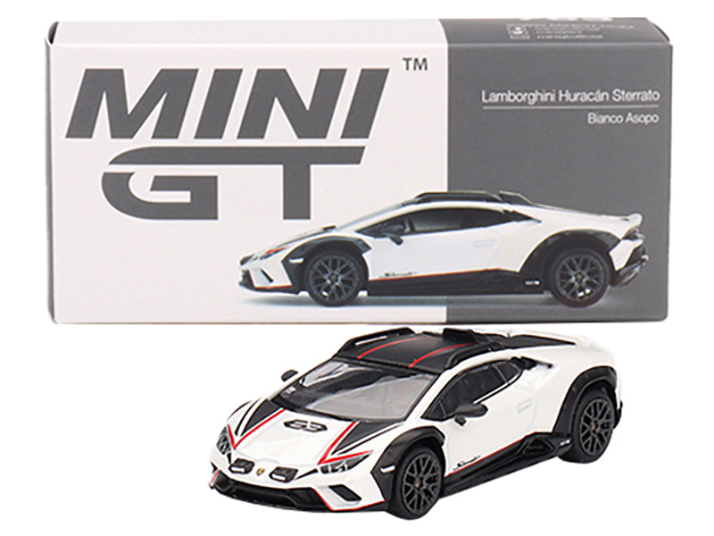 Lamborghini Huracan Sterrato Bianco Asopo White Metallic with Red Stripes and Matt Black Top Limited Edition to 7680 pieces Worldwide 1/64 Diecast Model Car by Mini GT