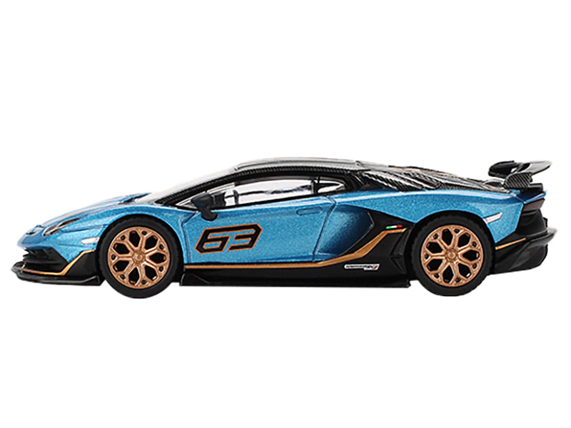 Lamborghini Aventador SVJ 63 Blu Aegir Blue Metallic with Carbon Top Limited Edition 1/64 Diecast Model Car by Mini GT