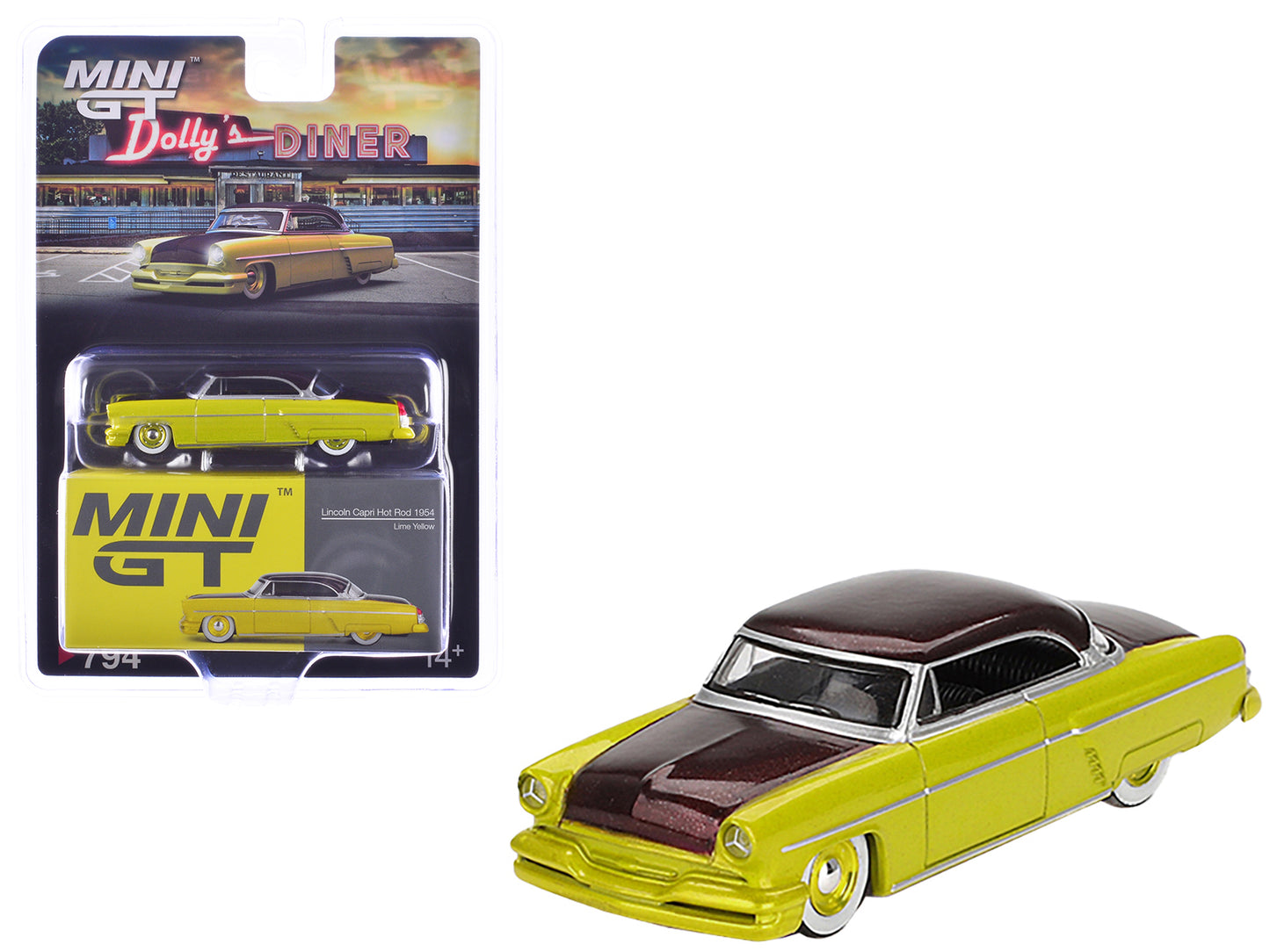 1954 Lincoln Capri Hot Rod Lime Yellow Metallic and Brown Metallic Limited Edition 1/64 Diecast Model Car by Mini GT