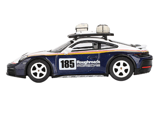 Porsche 911 Dakar Rallye Design Package #185 "Roughroads Porsche" White and Gentian Blue Metallic with Roofrack and Luggage Limited Edition 1/64 Diecast Model Car by Mini GT