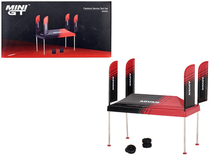 Paddock Service Tent Set with Extra Wheels Red and Black "ADVAN" for 1/64 Scale Models by Mini GT