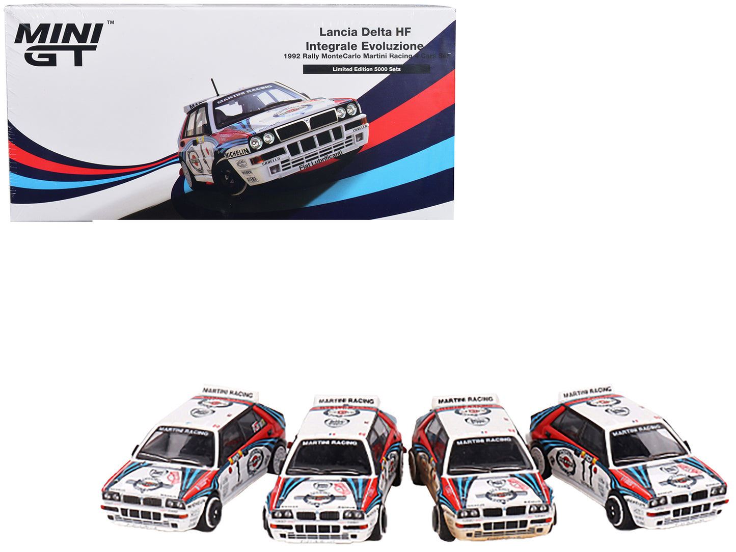 Lancia Delta HF Integrale Evoluzione "Martini Racing - 1992 Rally MonteCarlo" 4 Piece Set 1/64 Diecast Models by Mini GT