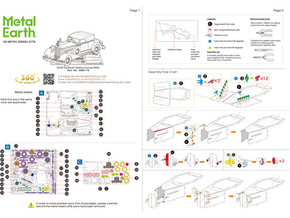 Model Kit 1934 Packard Twelve Convertible Red with Tan Soft Top (Moderate Difficulty) Steel Model by Metal Earth