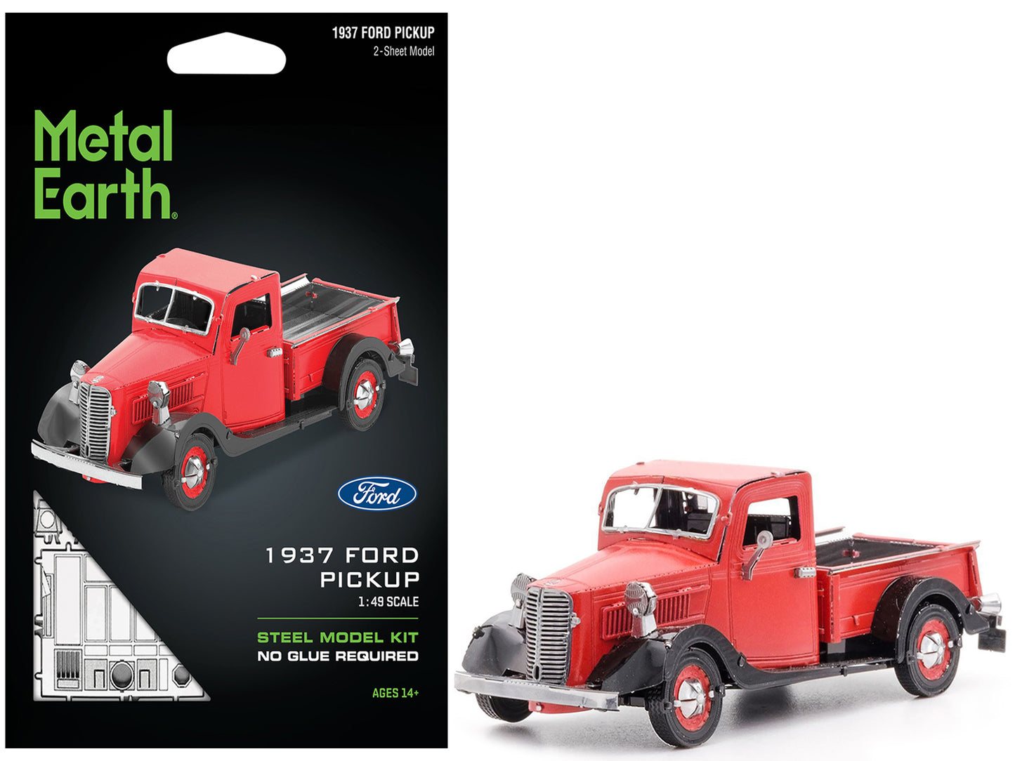 Model Kit 1937 Ford Pickup Truck Red and Black (Moderate Difficulty) Steel Model by Metal Earth