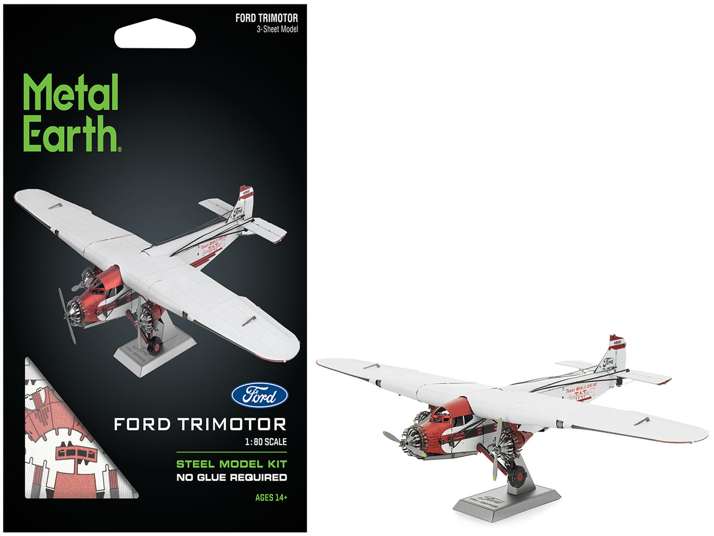 Model Kit Ford Trimotor Transport Aircraft White and Red (Moderate Difficulty) Steel Model by Metal Earth