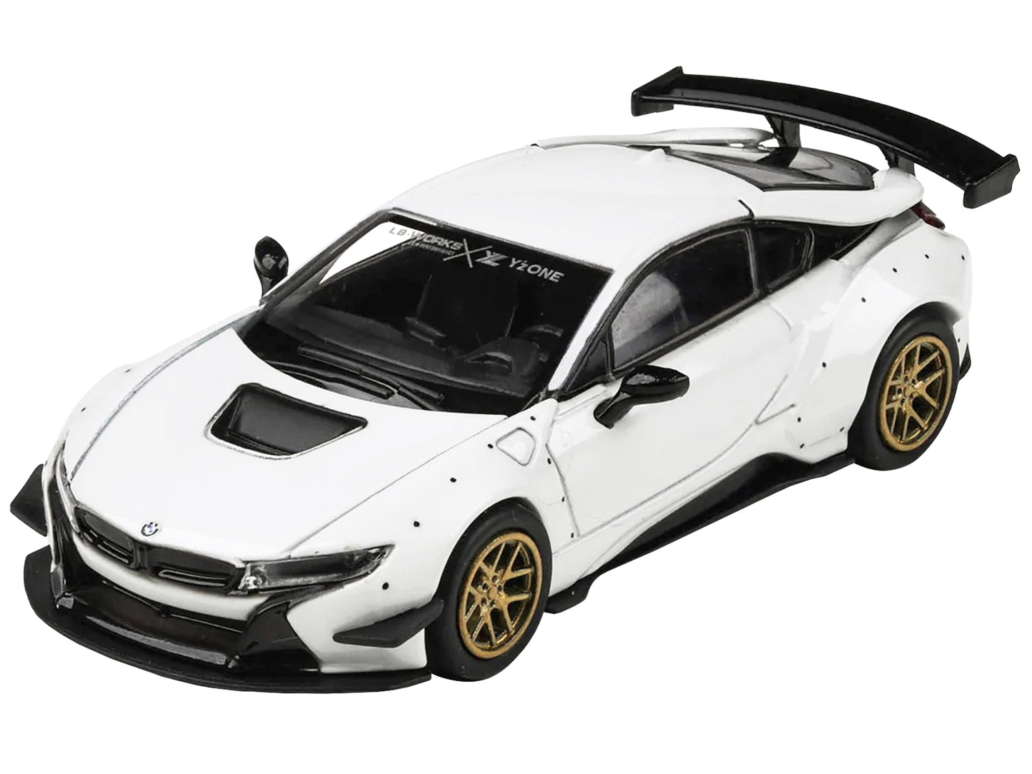 BMW i8 Liberty Walk White with Gold Wheels 1/64 Diecast Model Car by Paragon Models