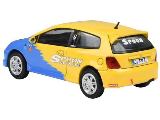 2001 Honda Civic Type R EP3 Blue and Yellow with Black Hood "Spoon Sports" 1/64 Diecast Model Car by Paragon Models