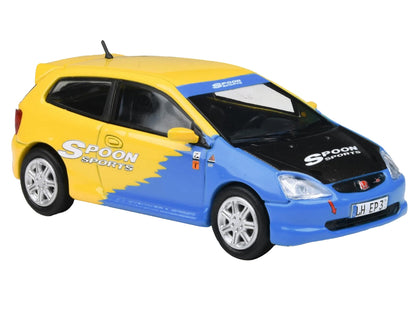 2001 Honda Civic Type R EP3 Blue and Yellow with Black Hood "Spoon Sports" 1/64 Diecast Model Car by Paragon Models