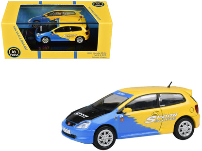 2001 Honda Civic Type R EP3 Blue and Yellow with Black Hood "Spoon Sports" 1/64 Diecast Model Car by Paragon Models