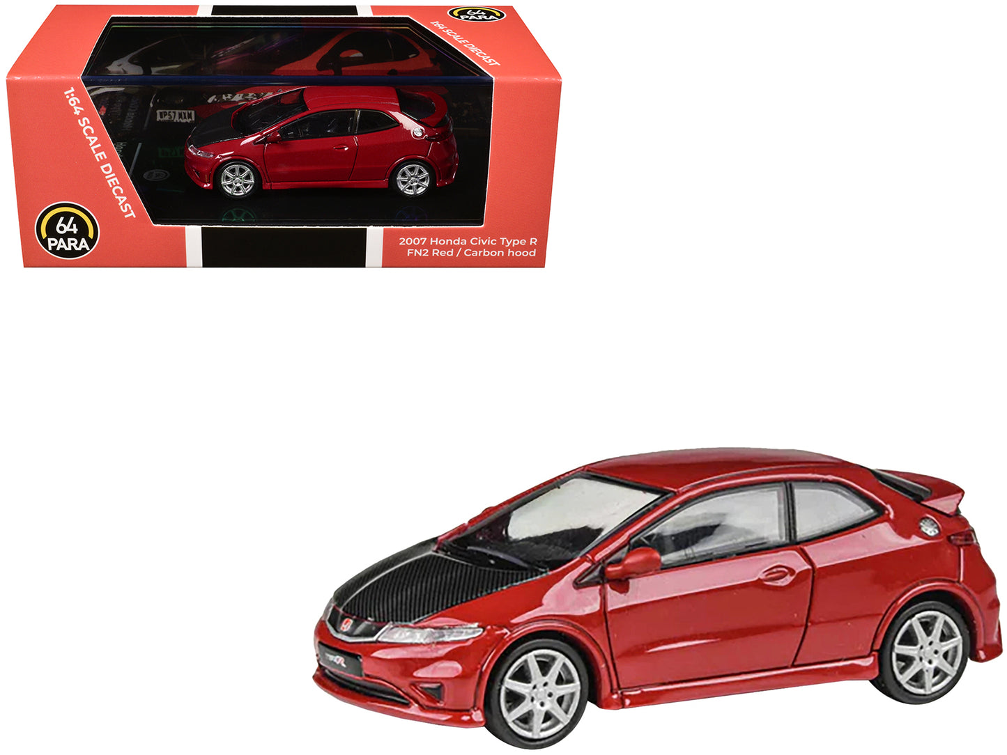 2007 Honda Civic Type R FN2 Milano Red with Carbon Hood 1/64 Diecast Model Car by Paragon Models