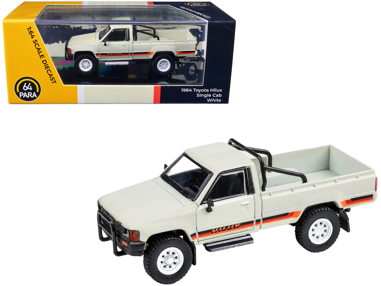 1984 Toyota Hilux Single Cab Pickup Truck White with Stripes 1/64 Diecast Model Car by Paragon Models