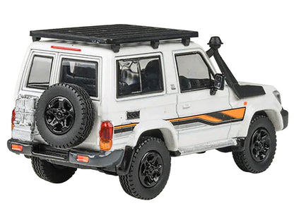 2023 Toyota Land Cruiser 71 White "70th Anniversary" with Stripes and Roofrack 1/64 Diecast Model Car by Paragon Models