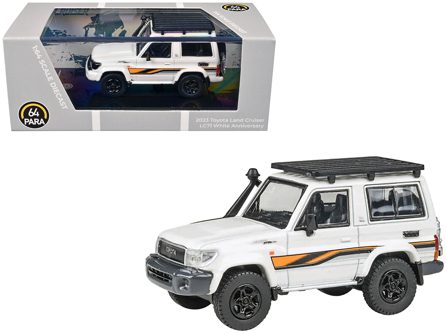 2023 Toyota Land Cruiser 71 White "70th Anniversary" with Stripes and Roofrack 1/64 Diecast Model Car by Paragon Models