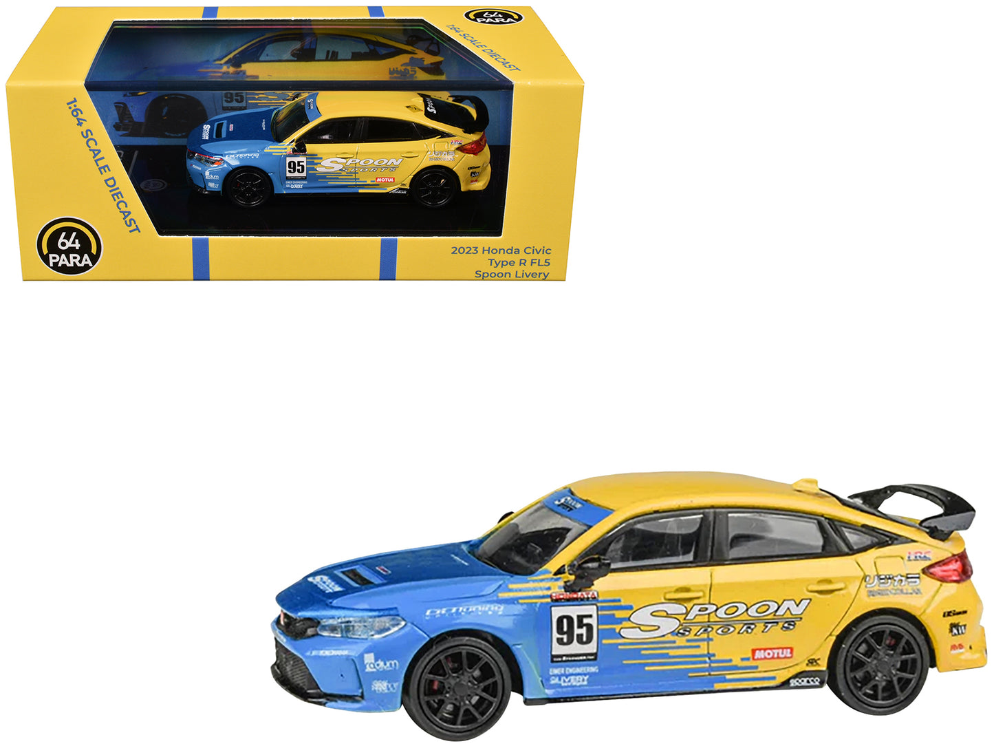 2023 Honda Civic Type R FL5 #95 "Spoon Sports Livery" Blue and Yellow 1/64 Diecast Model Car by Paragon Models