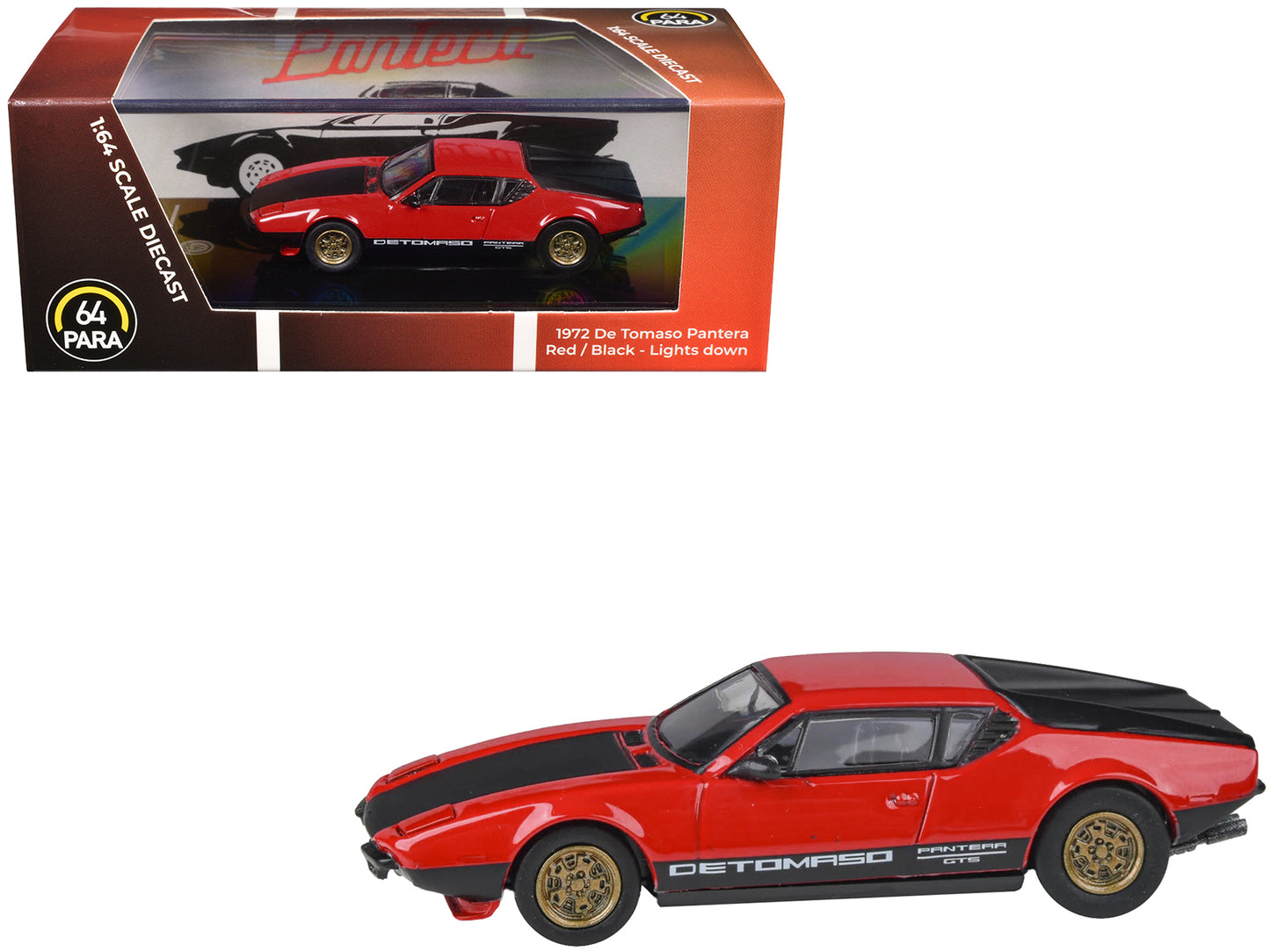 1972 De Tomaso Pantera Red and Black 1/64 Diecast Model Car by Paragon Models