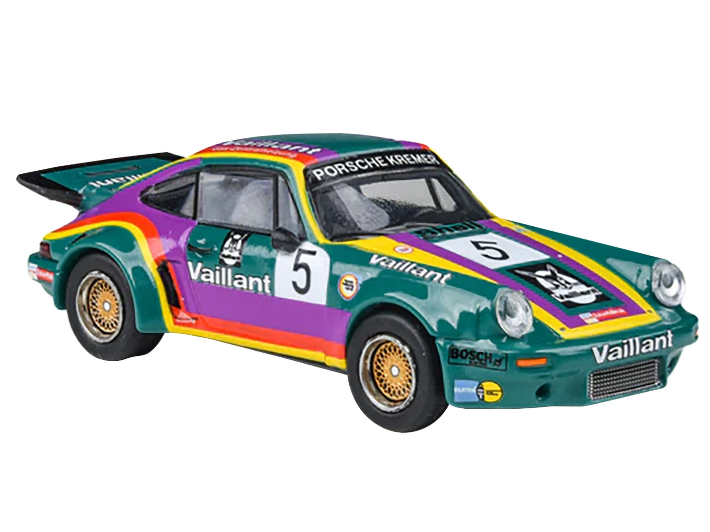 1975 Porsche 911 Carrera RSR 3.0 #5 "Kremer Racing - Vaillant" Green with Stripes 1/64 Diecast Model Car by Paragon Models