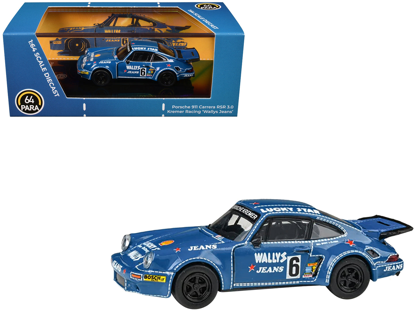 1975 Porsche 911 Carrera RSR 3.0 #6 "Kremer Racing - Wallys Jeans" Blue 1/64 Diecast Model Car by Paragon Models