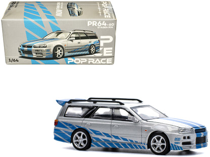 Nissan GT-R Stagea R34 RHD (Right Hand Drive) Silver Metallic with Blue Stripes 1/64 Diecast Model Car by Pop Race