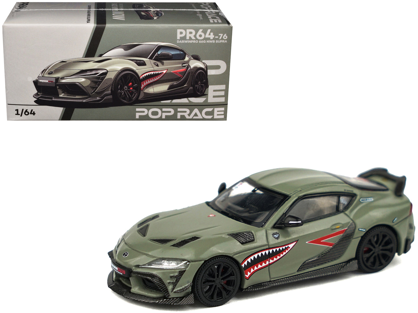 Toyota Supra "DarwinPro 66G NWB" Green with Shark Mouth Graphics 1/64 Diecast Model Car by Pop Race