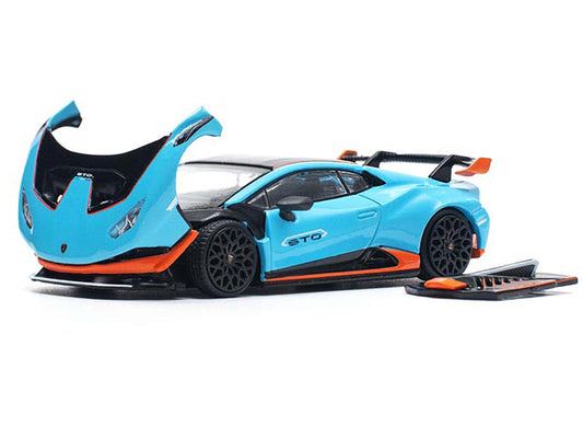 Lamborghini Huracan STO Blue with Black Top and Orange Accents 1/64 Diecast Model Car by Pop Race