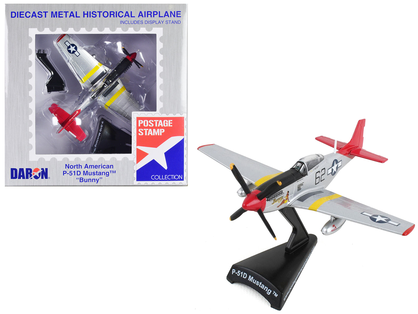 North American P-51D Mustang Fighter Aircraft #62 "Bunny" United States Army Air Force 1/100 Diecast Model Airplane by Postage Stamp