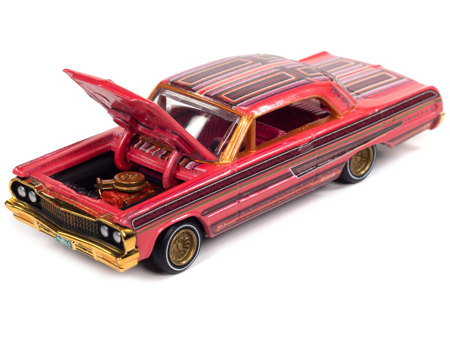 1964 Chevrolet Impala Lowrider Pink with Graphics and Pink Interior "Racing Champions Mint 2023" Release 1 Limited Edition to 3388 pieces Worldwide 1/64 Diecast Model Car by Racing Champions