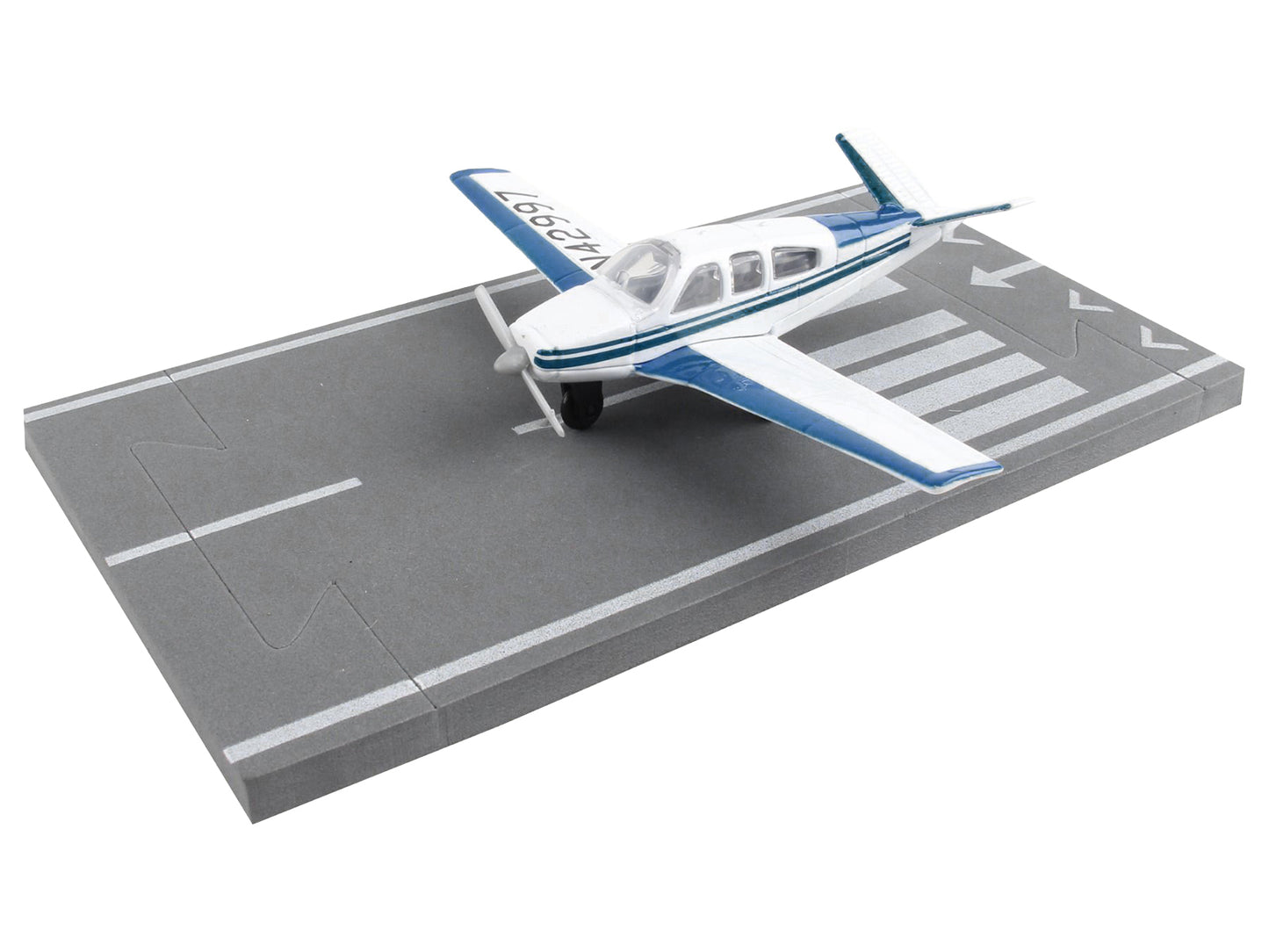 Beechcraft Bonanza Aircraft White with Blue Stripes "N42997" with Runway Section Diecast Model Airplane by Runway24