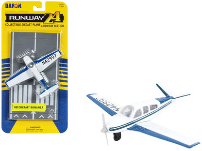 Beechcraft Bonanza Aircraft White with Blue Stripes "N42997" with Runway Section Diecast Model Airplane by Runway24