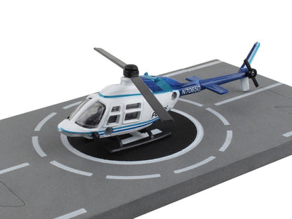 Bell 206 Jetranger Helicopter White and Blue "Police-N70650" with Runway Section Diecast Model by Runway24