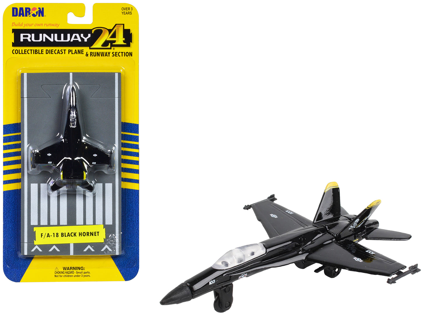 McDonnell Douglas F/A-18 Hornet Fighter Aircraft Black "United States Navy" with Runway Section Diecast Model Airplane by Runway24