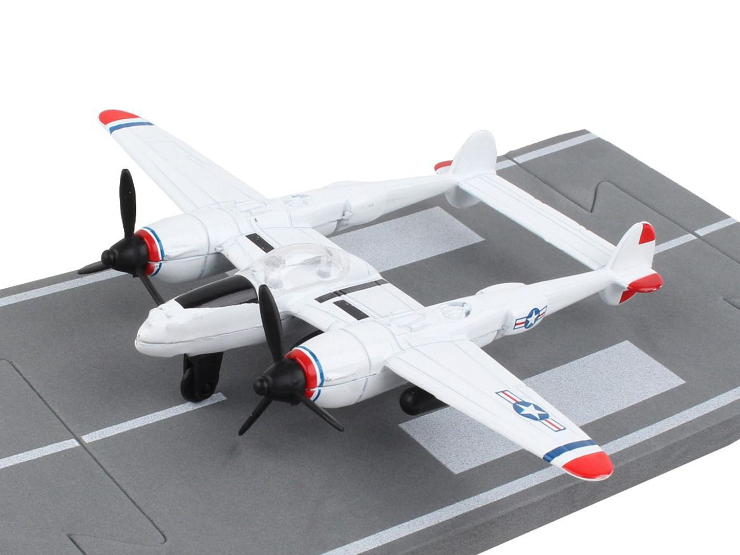 Lockheed P-38J Lightning Fighter Aircraft White with Red Wingtips "United States Army Air Force" with Runway Section Diecast Model Airplane by Runway24