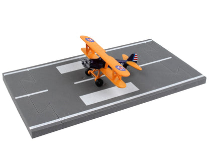 Boeing-Stearman Model 75 PT-17 Kaydet Aircraft Blue and Orange "High Flyer-United States Air Force" with Runway Section Diecast Model Airplane by Runway24