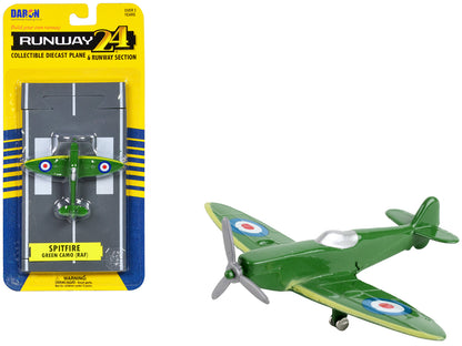 Supermarine Spitfire Fighter Aircraft Green "Royal Air Force" with Runway Section Diecast Model Airplane by Runway24