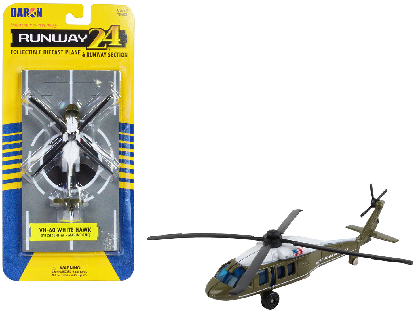 Sikorsky VH-60 White Hawk Helicopter Olive Drab with White Top "United States Presidential Helicopter - Marine One" with Runway Section Diecast Model by Runway24