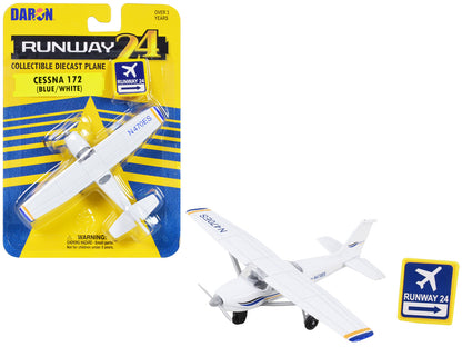 Cessna 172 Aircraft White with Blue and Yellow Stripes "N470ES" with Runway 24 Sign Diecast Model Airplane by Runway24