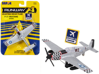 North American P-51 Mustang Fighter Aircraft Silver Metallic "United States Army Air Force" with Runway 24 Sign Diecast Model Airplane by Runway24