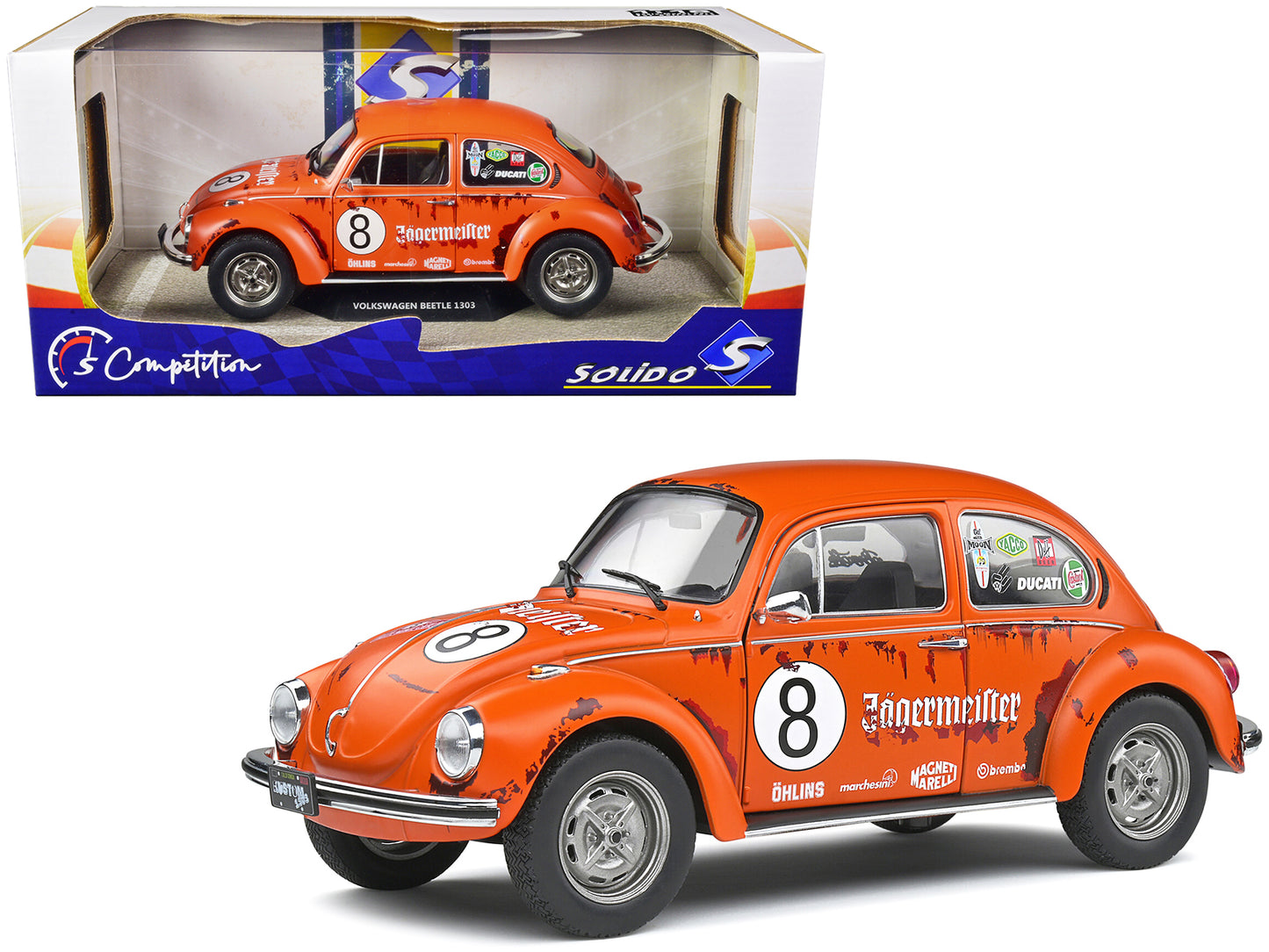 1974 Volkswagen Beetle 1303 #8 Matt Orange "Jagermeister" Tribute "Competition" Series 1/18 Diecast Model Car by Solido