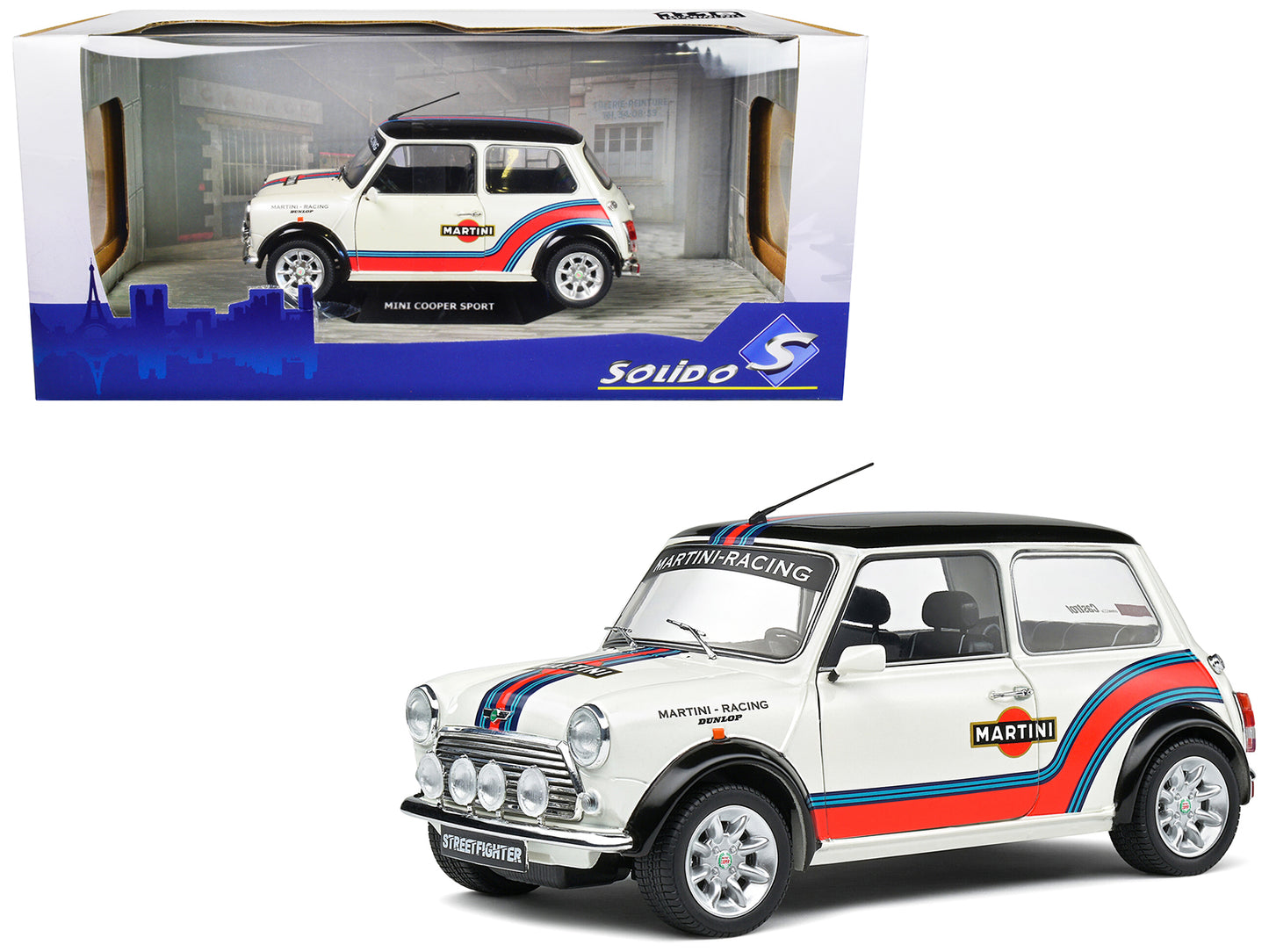 1998 Mini Cooper Sport White Metallic with Black Top and Stripes "Martini Racing" 1/18 Diecast Model Car by Solido