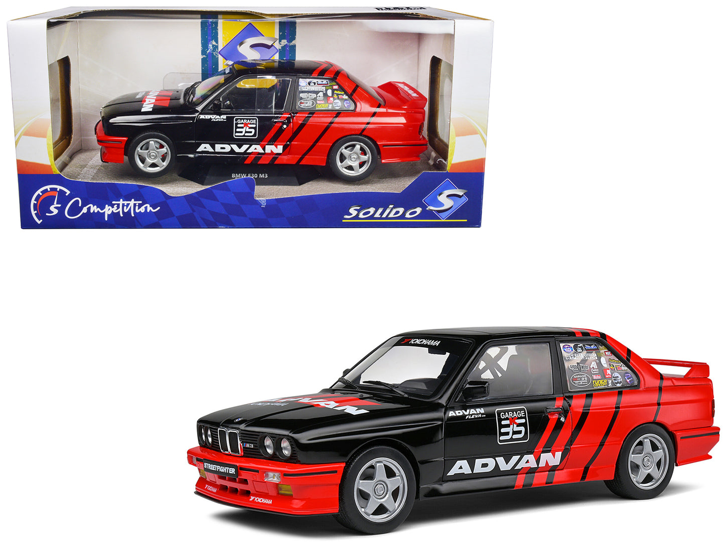 1990 BMW E30 M3 Black and Red with Graphics "ADVAN Drift Team" "Competition" Series 1/18 Diecast Model Car by Solido