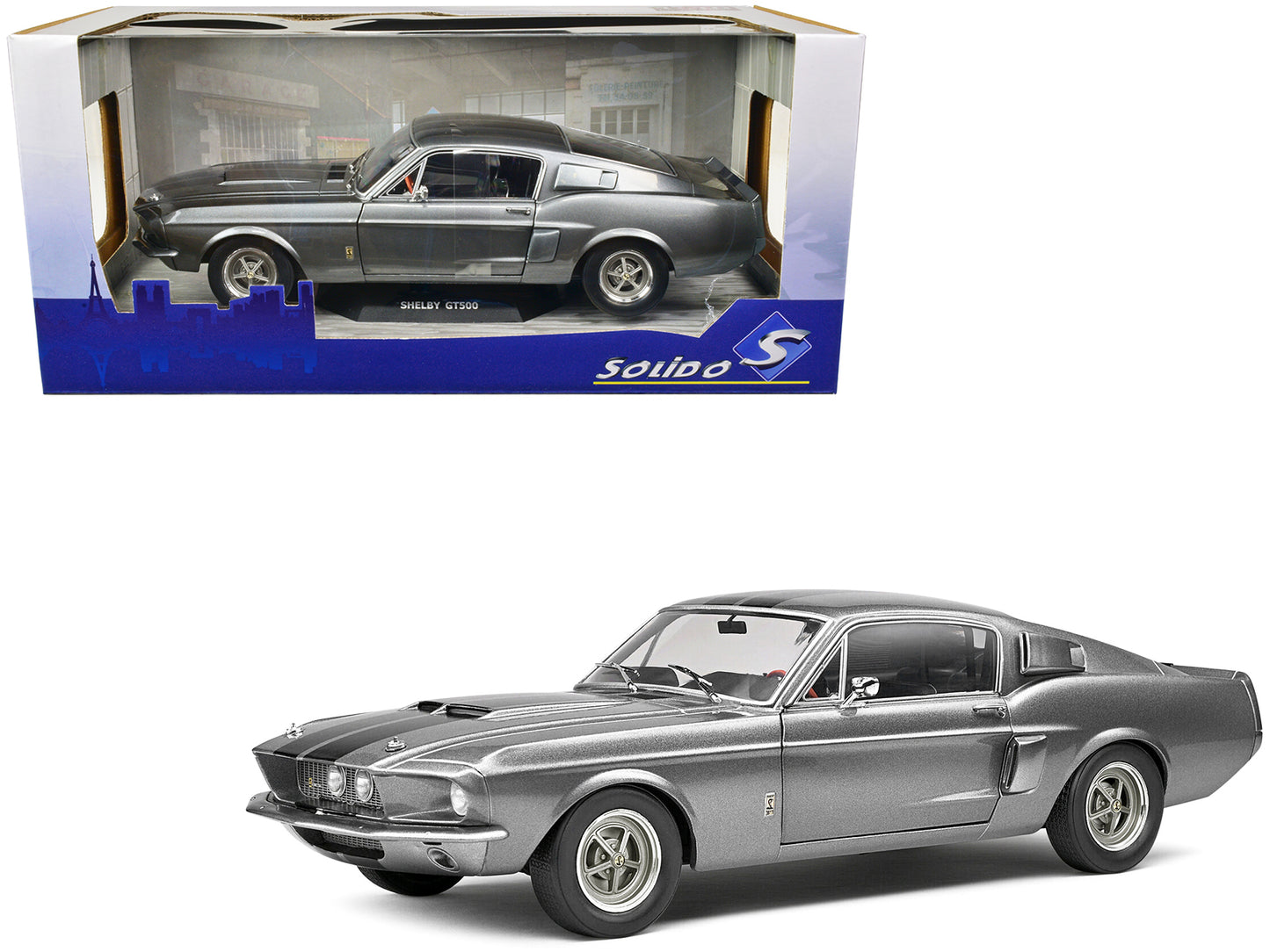 1967 Shelby GT500 Gray Metallic with Black Stripes 1/18 Diecast Model Car by Solido