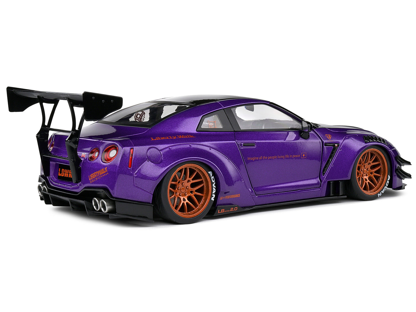 2022 Nissan Skyline GT-R (R35) Liberty Walk Body Kit 2.0 RHD (Right Hand Drive) Purple Metallic with Black Top and Carbon Hood "Purplezilla" 1/18 Diecast Model Car by Solido