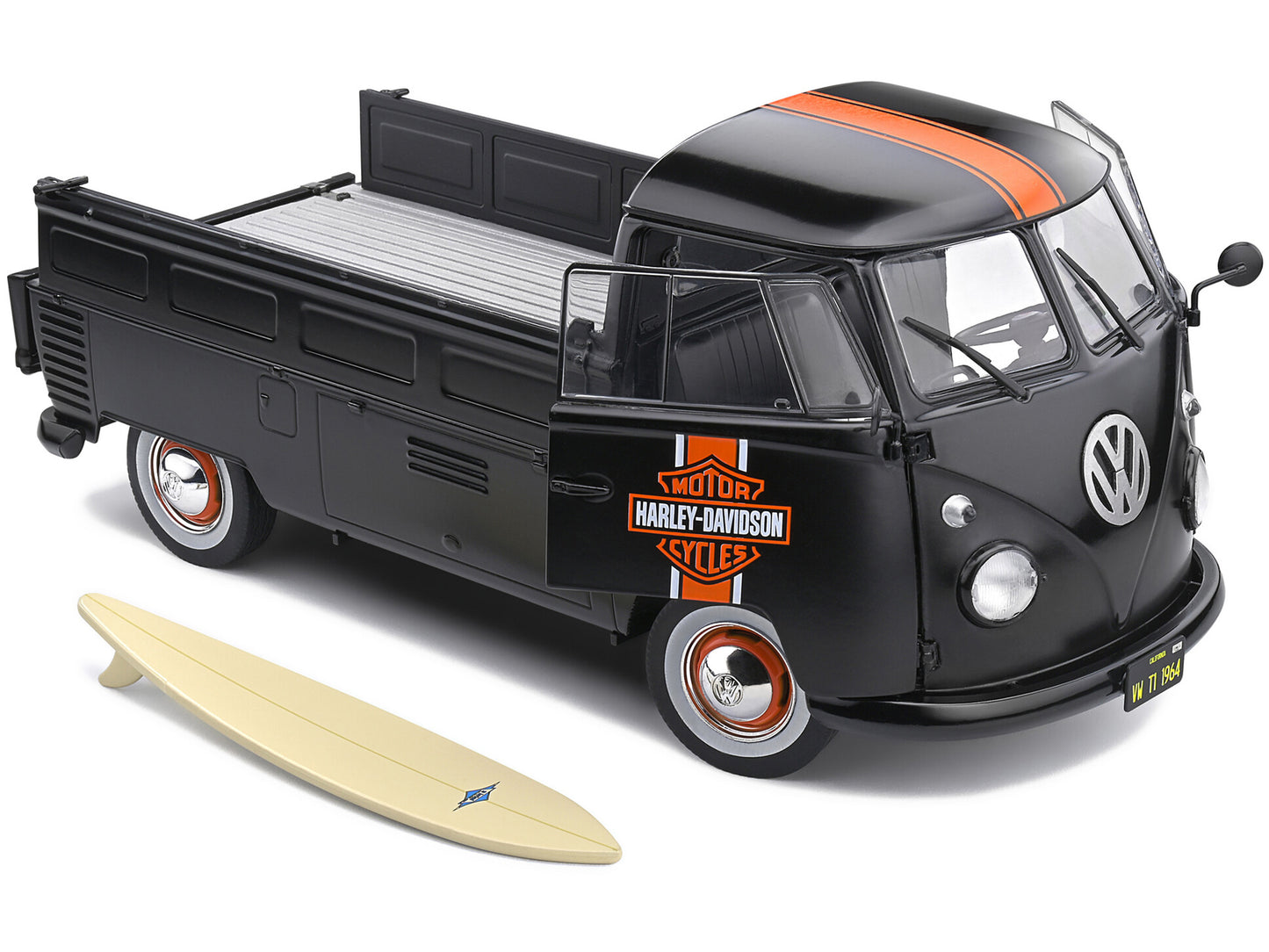 1950 Volkswagen T1 Custom Pickup Truck Matt Black with Orange Stripes "Harley Davidson" with Surfboard Accessory 1/18 Diecast Model Car by Solido