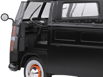 1950 Volkswagen T1 Custom Pickup Truck Matt Black with Orange Stripes "Harley Davidson" with Surfboard Accessory 1/18 Diecast Model Car by Solido